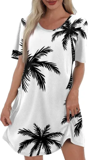 Women Summer Casual Dresses 2025 Hawaiian Printed T Shirt Dresses Loose V-Neck Beach Short Sleeve Dress with Pocket