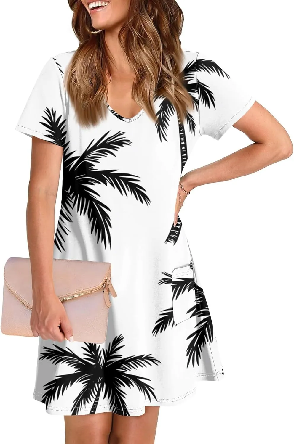 Women Summer Casual Dresses 2025 Hawaiian Printed T Shirt Dresses Loose V-Neck Beach Short Sleeve Dress with Pocket