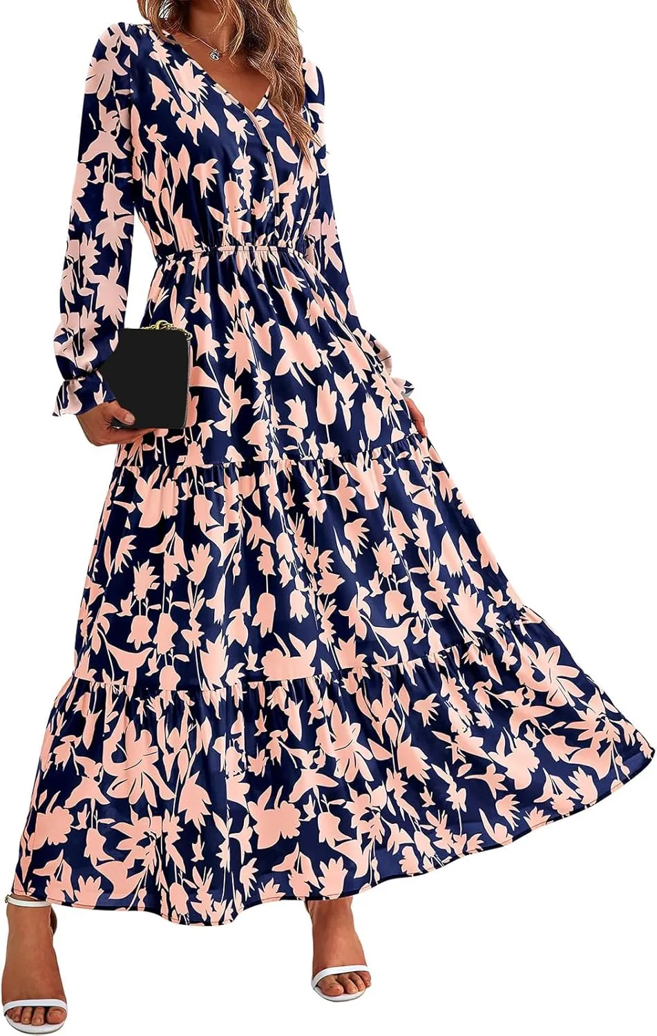 Women Summer Dresses 2025 Floral Print V Neck Long Sleeve Maxi Dress Casual Loose A-Line Flowy Beach Dress