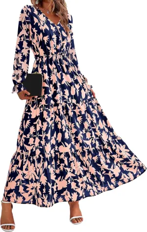 Women Summer Dresses 2025 Floral Print V Neck Long Sleeve Maxi Dress Casual Loose A-Line Flowy Beach Dress