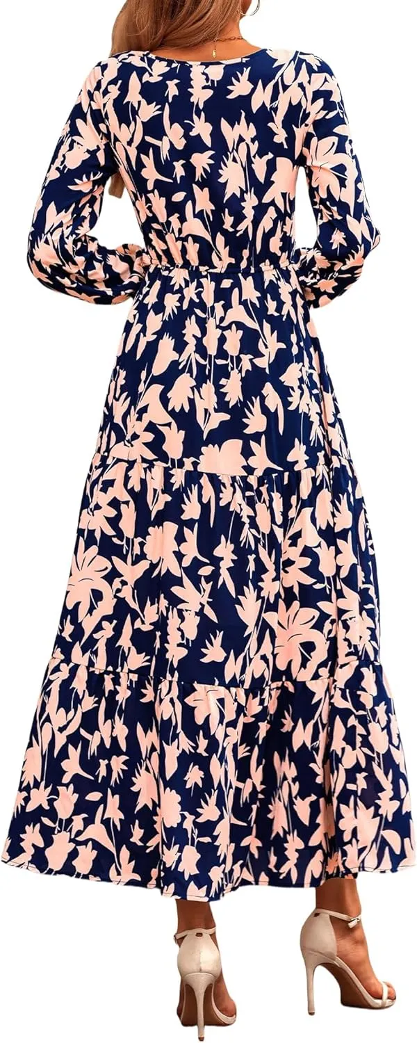 Women Summer Dresses 2025 Floral Print V Neck Long Sleeve Maxi Dress Casual Loose A-Line Flowy Beach Dress
