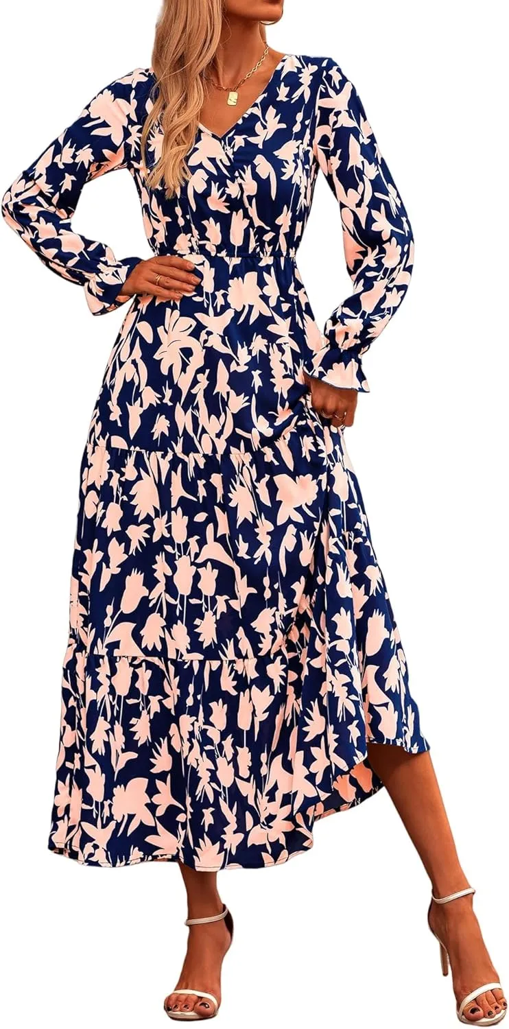 Women Summer Dresses 2025 Floral Print V Neck Long Sleeve Maxi Dress Casual Loose A-Line Flowy Beach Dress