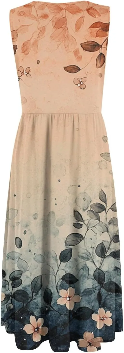Women Summer Dresses Crewneck Sleeveless A-Line Tank Midi Dress Dressy Boho Floral Print Beach Sundresses with Pockets