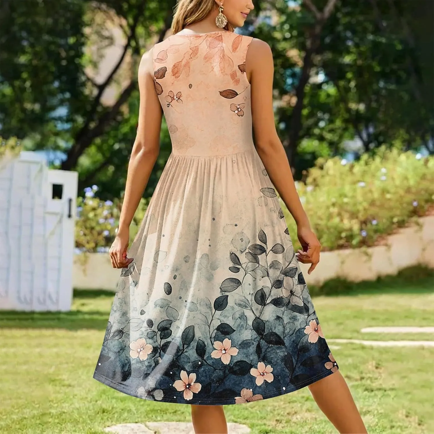 Women Summer Dresses Crewneck Sleeveless A-Line Tank Midi Dress Dressy Boho Floral Print Beach Sundresses with Pockets