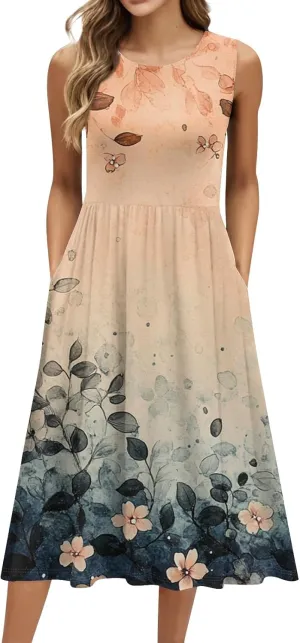 Women Summer Dresses Crewneck Sleeveless A-Line Tank Midi Dress Dressy Boho Floral Print Beach Sundresses with Pockets