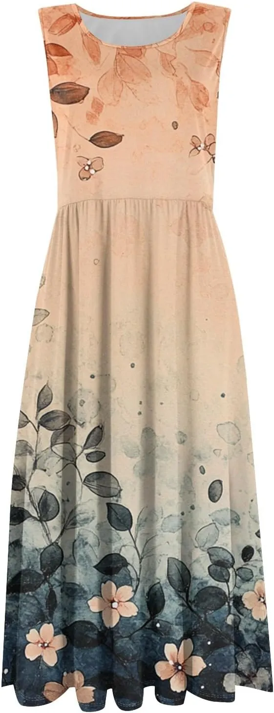 Women Summer Dresses Crewneck Sleeveless A-Line Tank Midi Dress Dressy Boho Floral Print Beach Sundresses with Pockets