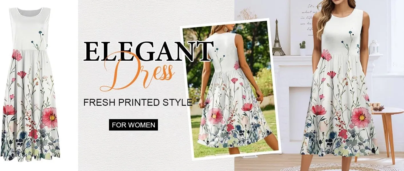 Women Summer Dresses Crewneck Sleeveless A-Line Tank Midi Dress Dressy Boho Floral Print Beach Sundresses with Pockets