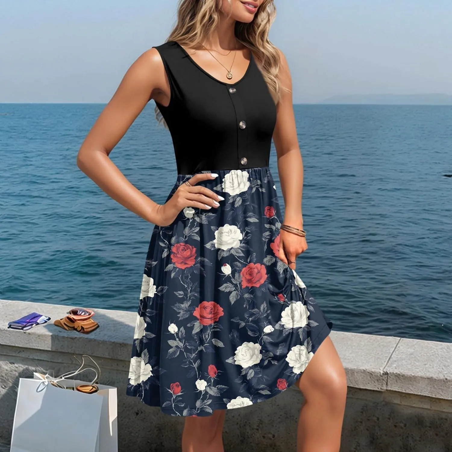 Women Summer Dresses Sleeveless Beach Vacation Clothes Resort Wear 2025 Swing Button Down Midi Sundress with Pockets