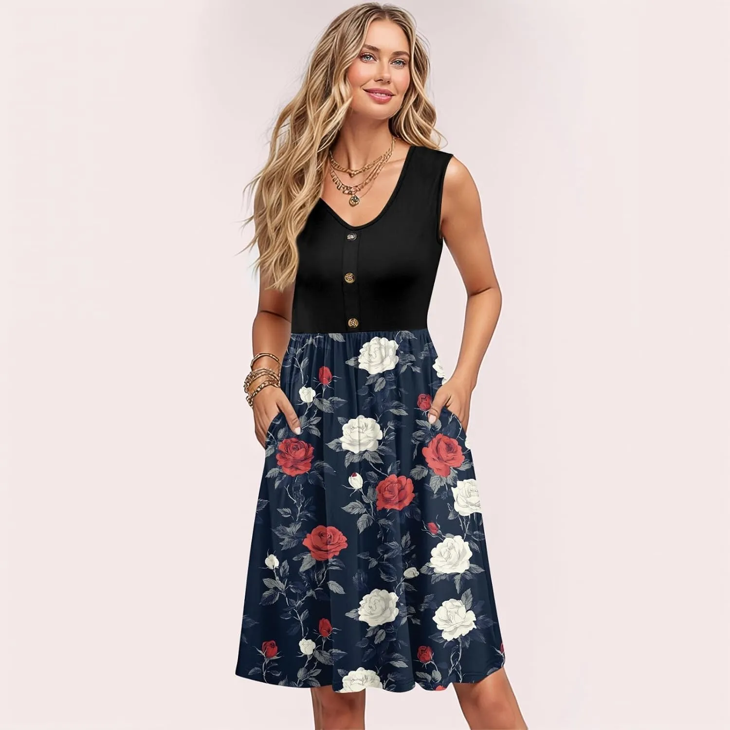 Women Summer Dresses Sleeveless Beach Vacation Clothes Resort Wear 2025 Swing Button Down Midi Sundress with Pockets