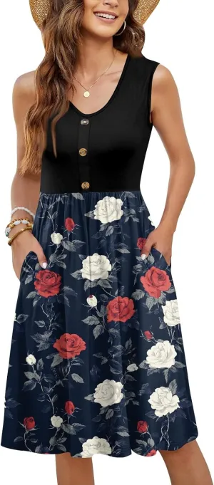 Women Summer Dresses Sleeveless Beach Vacation Clothes Resort Wear 2025 Swing Button Down Midi Sundress with Pockets