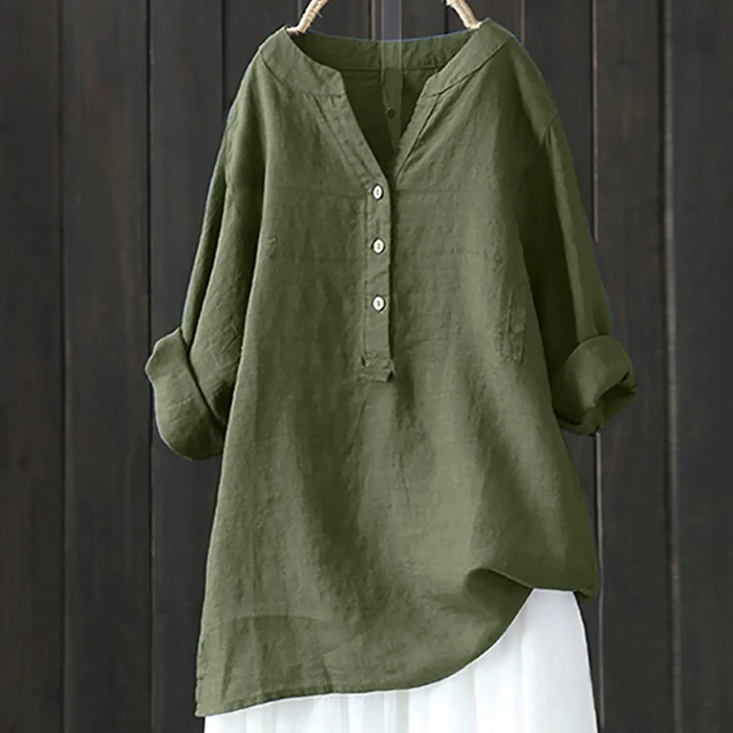 Women Summer Linen Shirts 3/4 Sleeve Cotton Blouse V Neck Button Tunic Tops Trendy Dressy Causal Clothing 2024