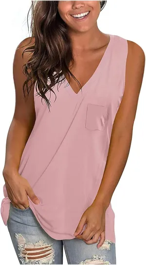 Women Summer V Neck Tank Tops Casual Sleeveless Tee Shirts Loose Fit Tunic Side Split Tshirt Solid Color Basic Tanks