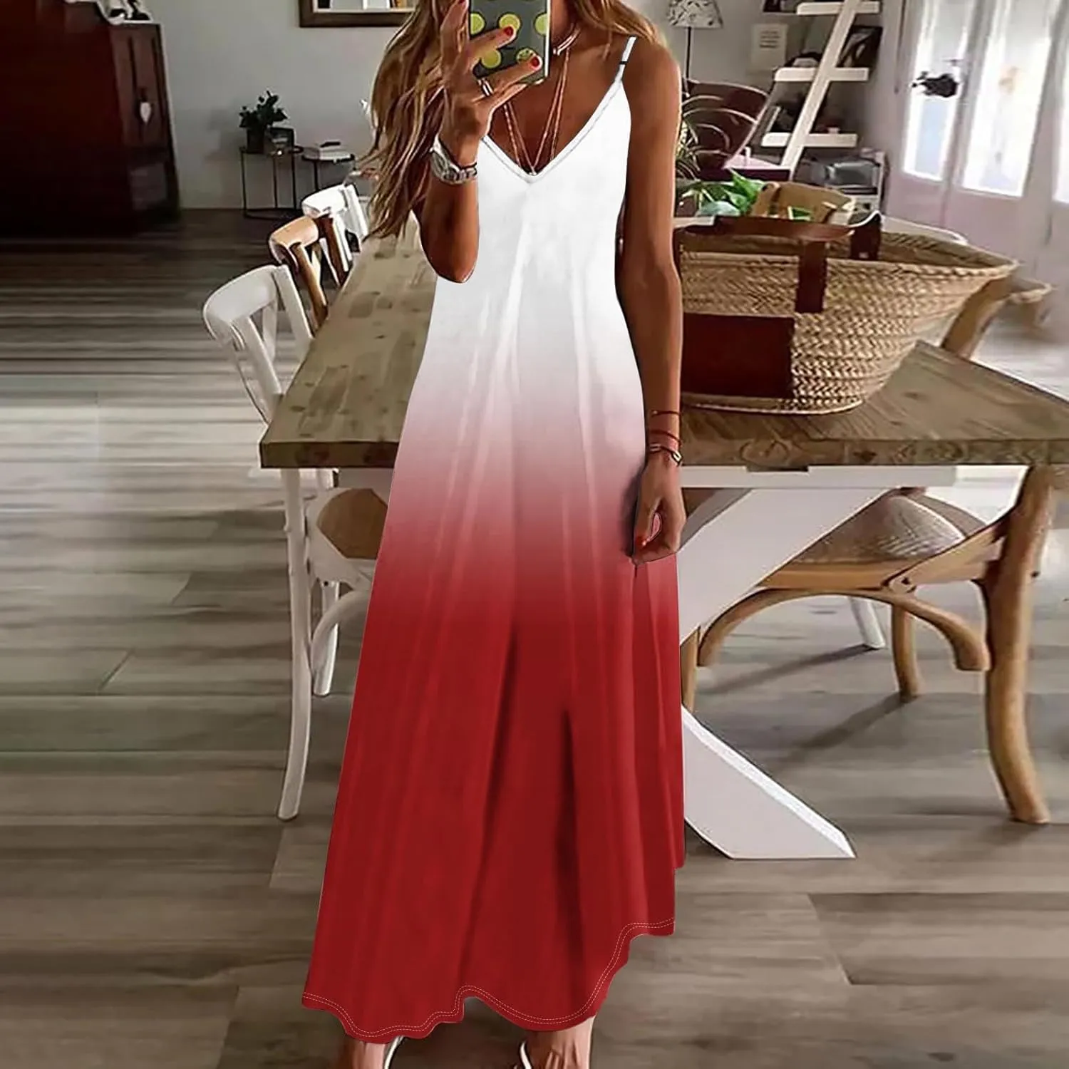 Women Sundresses 2025 Trendy Gradient Color Summer Sleeveless V-Neck Maxi Dress Beach Vacation Tank Dresses