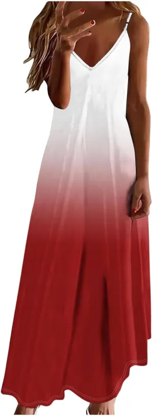 Women Sundresses 2025 Trendy Gradient Color Summer Sleeveless V-Neck Maxi Dress Beach Vacation Tank Dresses