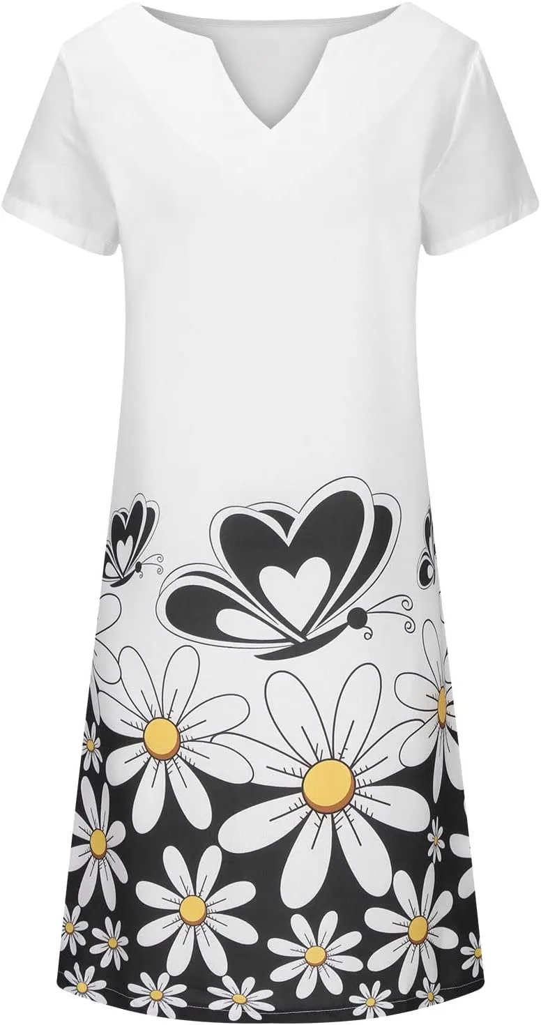 Women Tshirt Shirt Dress Summer Casual Shift Dress Laides Loose A-Line Boho Dress V Neck Sundress Midi Beach Dress