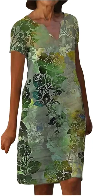 Women Tshirt Shirt Dress Summer Casual Shift Dress Laides Loose A-Line Boho Dress V Neck Sundress Midi Beach Dress