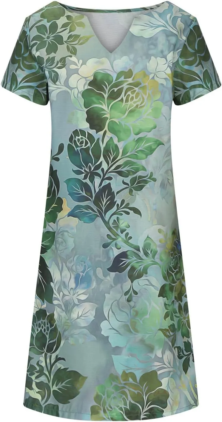 Women Tshirt Shirt Dress Summer Casual Shift Dress Laides Loose A-Line Boho Dress V Neck Sundress Midi Beach Dress