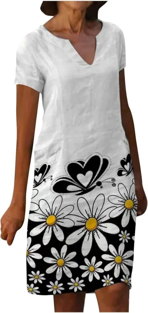 Women Tshirt Shirt Dress Summer Casual Shift Dress Laides Loose A-Line Boho Dress V Neck Sundress Midi Beach Dress