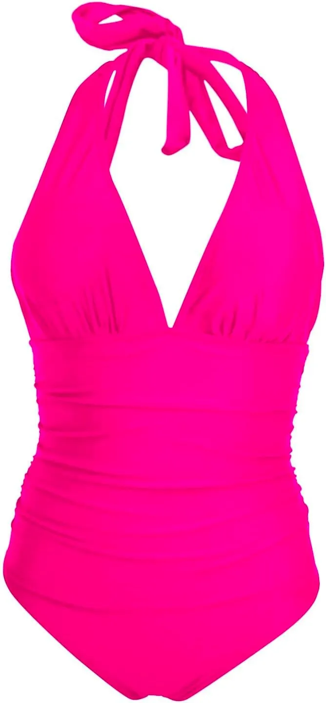Women V Neck One Piece Swimsuit Halter Backless Ruched Tummy Control Bathing Suit Women Beach Fashion