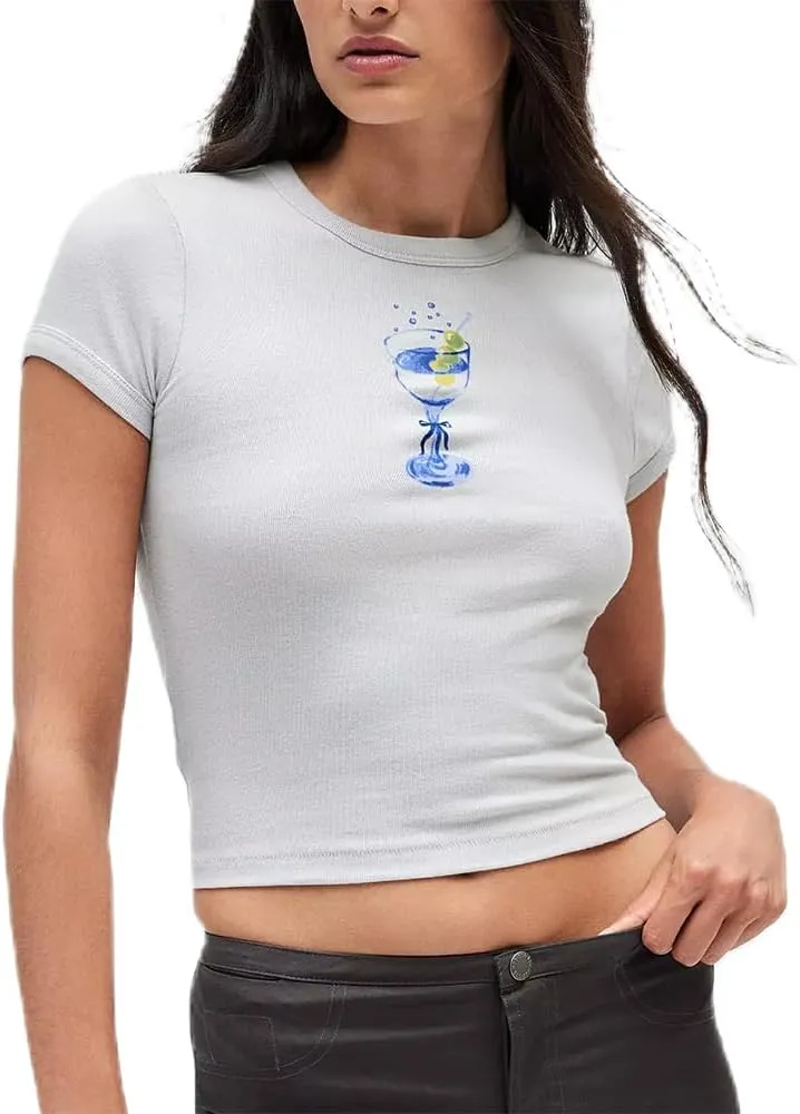 Women Y2k Baby Tees Cute Graphic Short Sleeve Crop Top Vintage Print Crop Shirt Aesthetic Crop Tee Top 00s Streetwear