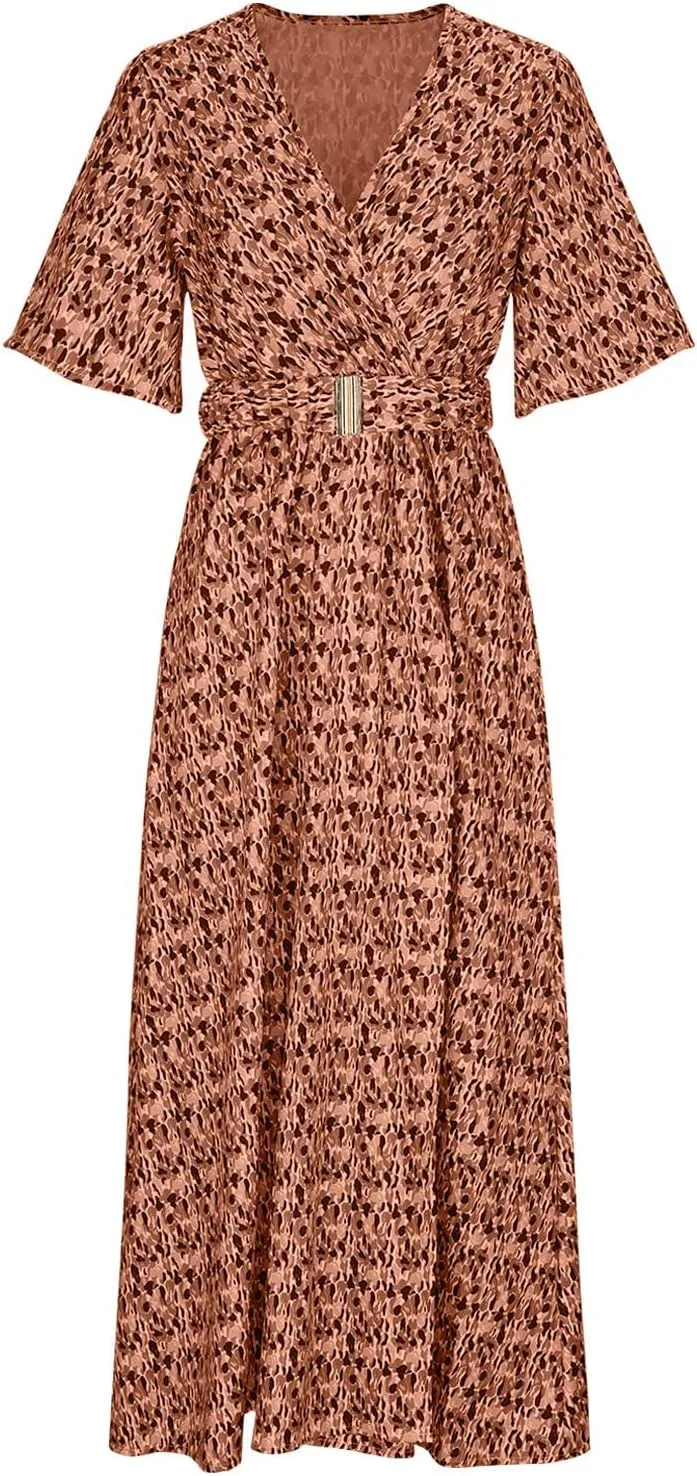 Women's 2024 Floral Boho Dresses Wrap V Neck Short Sleeve Chiffon Dress Evening Party Dress Belted Flowy Maxi Dresses