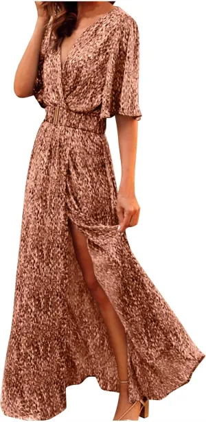 Women's 2024 Floral Boho Dresses Wrap V Neck Short Sleeve Chiffon Dress Evening Party Dress Belted Flowy Maxi Dresses