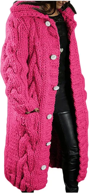 Womens 2024 Long Sleeve Cable Knit Long Cardigan Open Front Button Sweaters Fall Winter Chunky Overcaot with Pockets