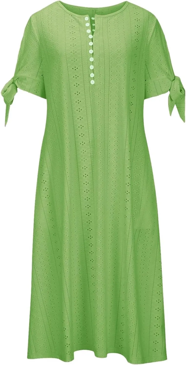Women's 2025 Summer Boho Eyelet Maxi Dress Button V Neck Short Sleeve Pleated Beach Vacation Dress with Pockets