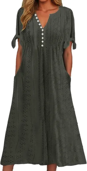 Women's 2025 Summer Boho Eyelet Maxi Dress Button V Neck Short Sleeve Pleated Beach Vacation Dress with Pockets