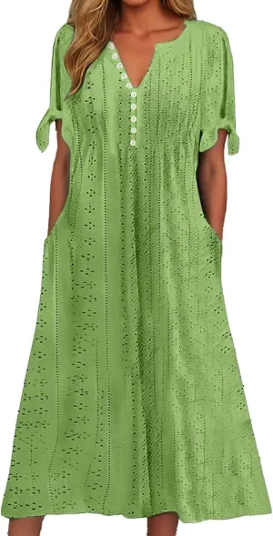 Women's 2025 Summer Boho Eyelet Maxi Dress Button V Neck Short Sleeve Pleated Beach Vacation Dress with Pockets
