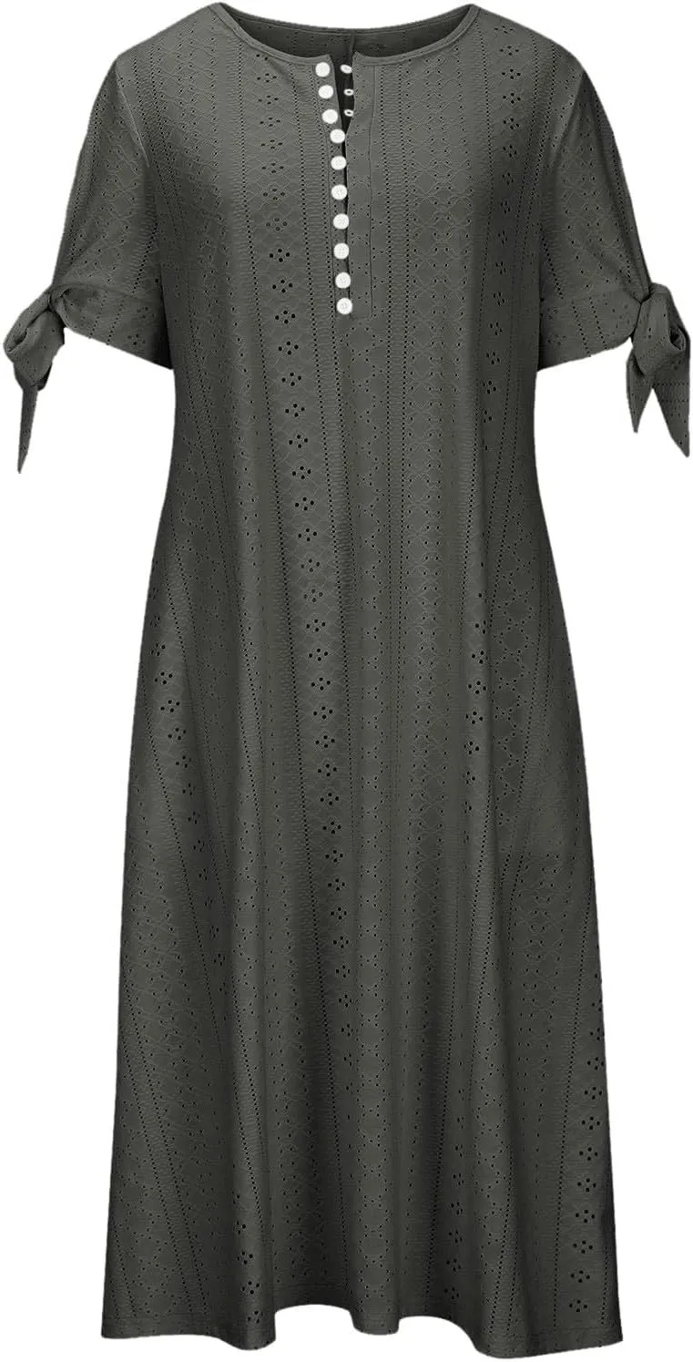 Women's 2025 Summer Boho Eyelet Maxi Dress Button V Neck Short Sleeve Pleated Beach Vacation Dress with Pockets