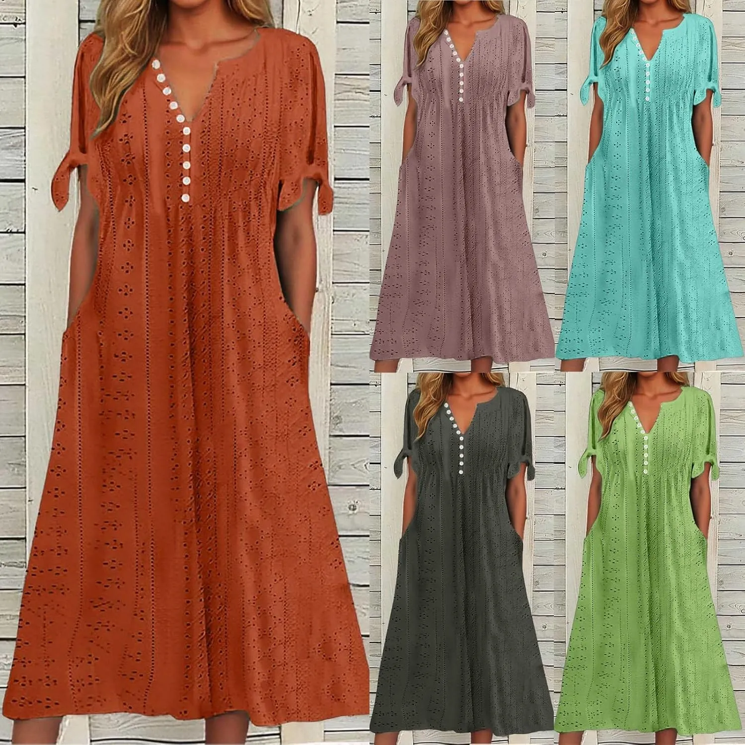 Women's 2025 Summer Boho Eyelet Maxi Dress Button V Neck Short Sleeve Pleated Beach Vacation Dress with Pockets