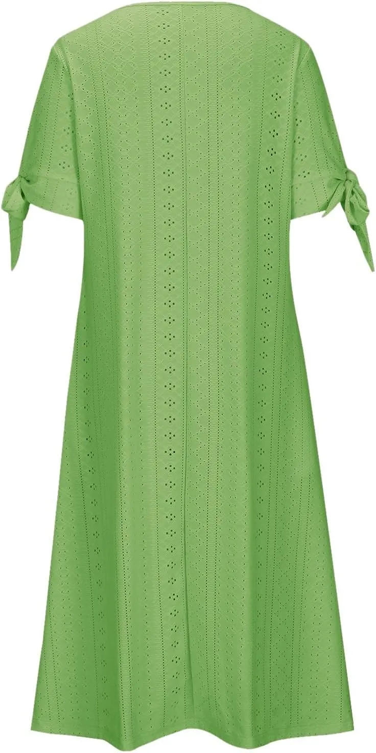 Women's 2025 Summer Boho Eyelet Maxi Dress Button V Neck Short Sleeve Pleated Beach Vacation Dress with Pockets