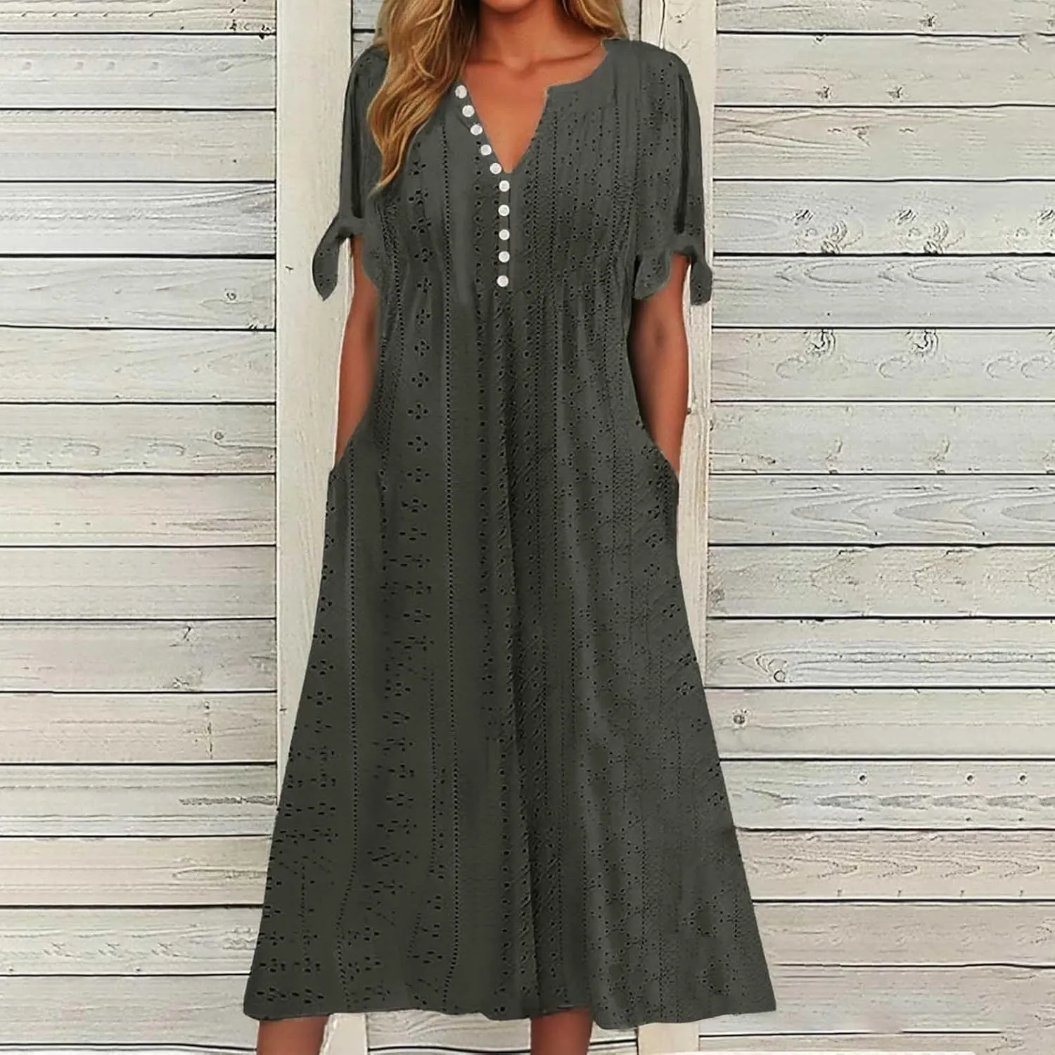 Women's 2025 Summer Boho Eyelet Maxi Dress Button V Neck Short Sleeve Pleated Beach Vacation Dress with Pockets