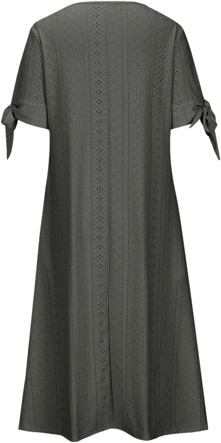Women's 2025 Summer Boho Eyelet Maxi Dress Button V Neck Short Sleeve Pleated Beach Vacation Dress with Pockets