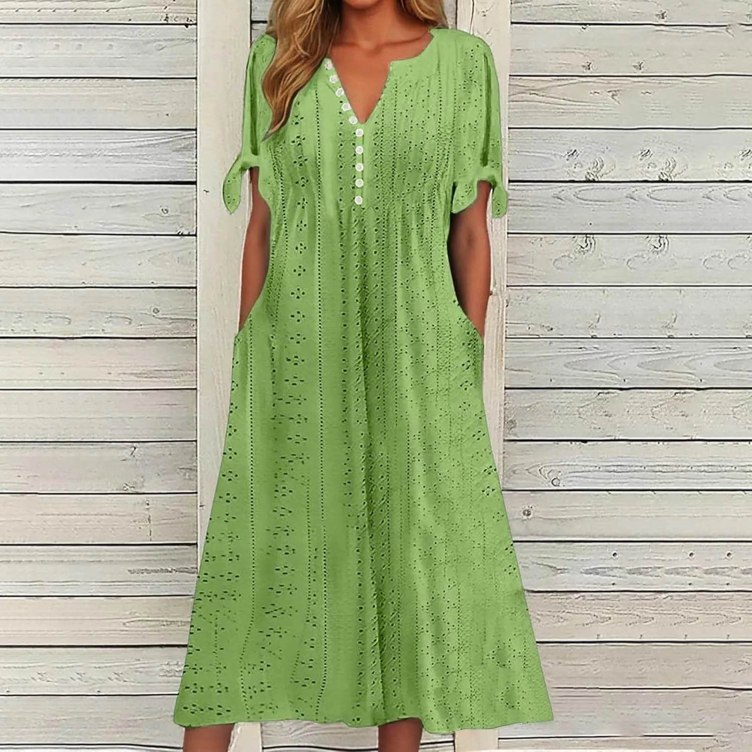 Women's 2025 Summer Boho Eyelet Maxi Dress Button V Neck Short Sleeve Pleated Beach Vacation Dress with Pockets