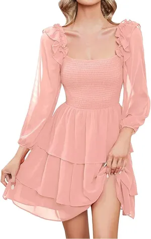 Women's 2025 Summer Boho Midi Dresses Trendy 3/4 Sleeve Ruffle Square Neck Dress Elegant Flowy A Line Tiered Dresses