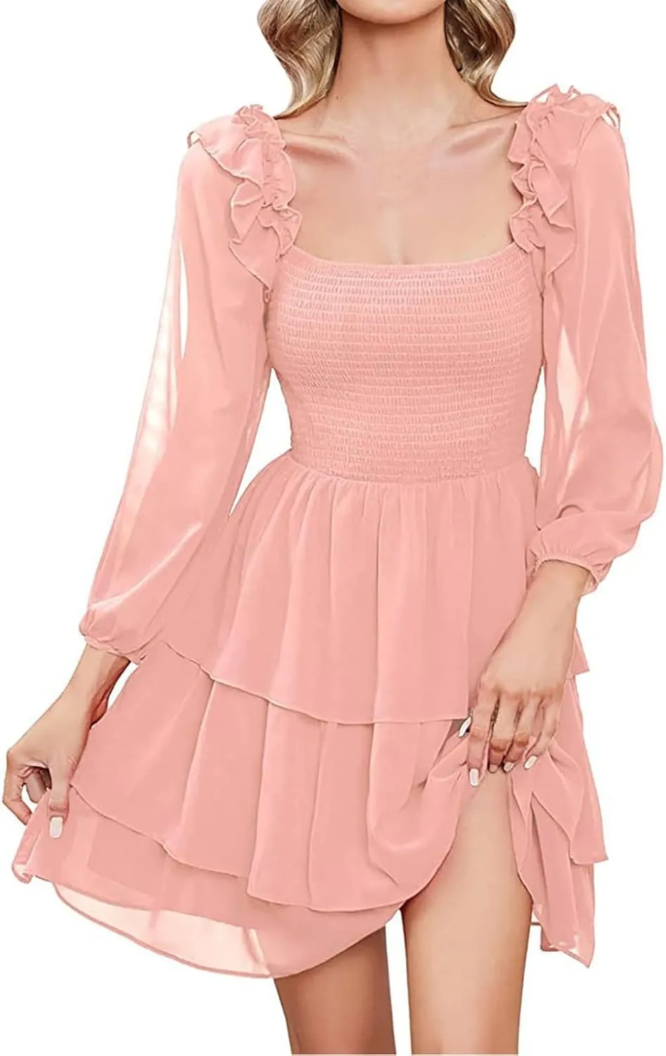 Women's 2025 Summer Boho Midi Dresses Trendy 3/4 Sleeve Ruffle Square Neck Dress Elegant Flowy A Line Tiered Dresses
