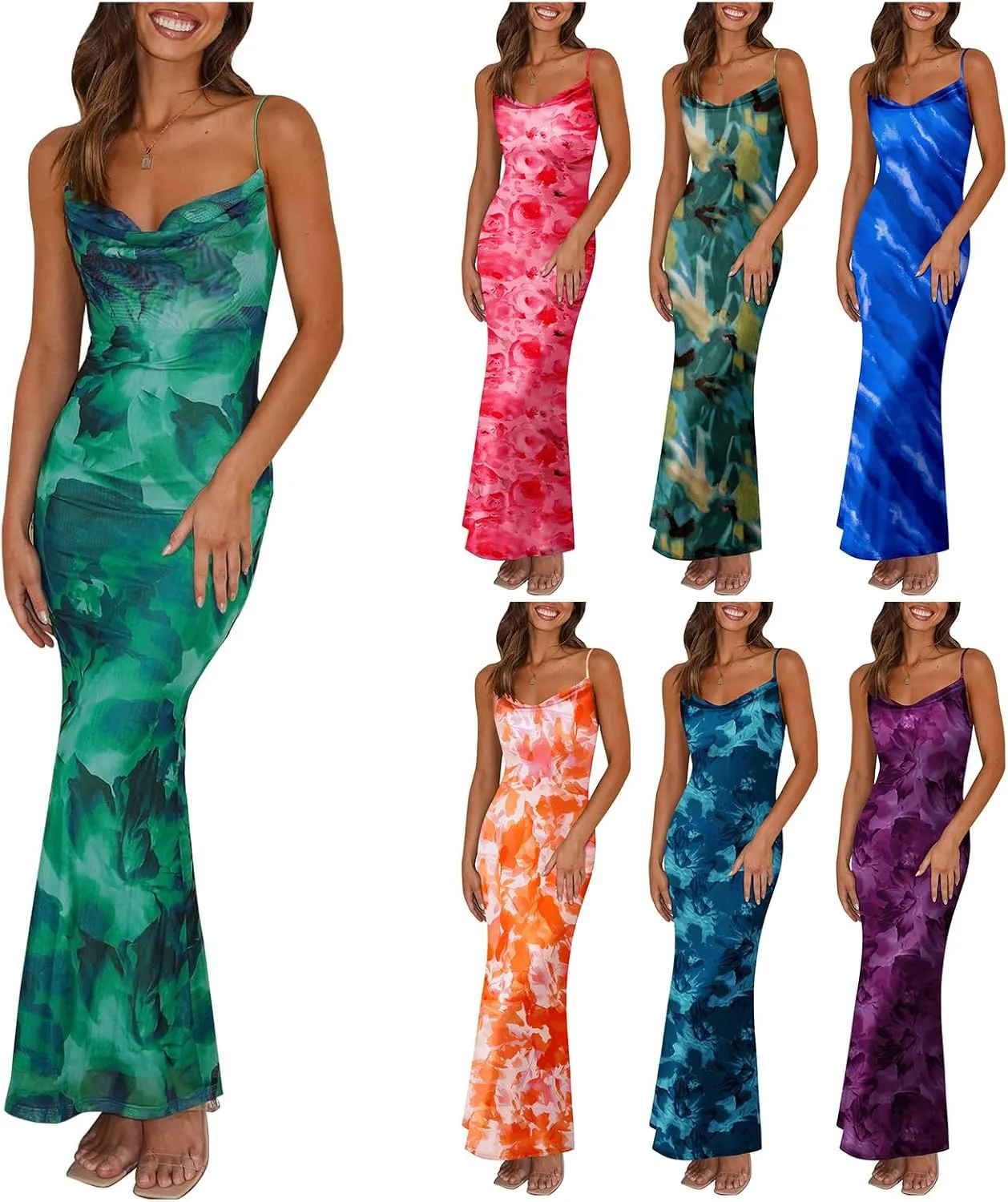 Women's 2025 Summer Floral Spaghetti Strap Maxi Dress Sexy Bodycon Backless Beach Vacation Wedding Guest Outfits