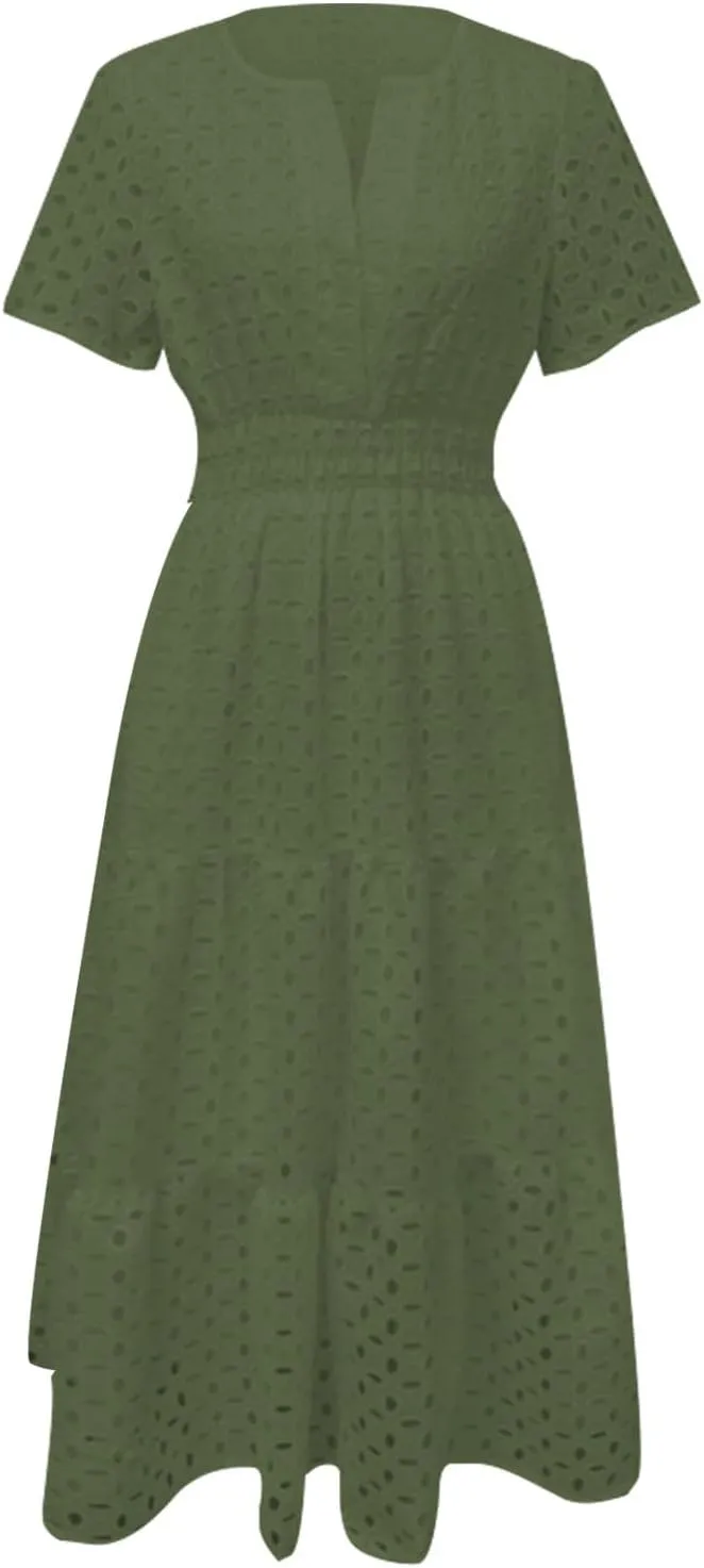 Women's 2025 Summer Short Sleeve Maxi Dress Casual V Neck A Line Hollow Out Eyelet Ruffle Swing Flowy Long Dresses