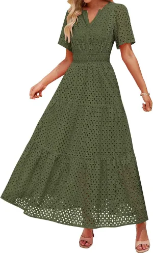Women's 2025 Summer Short Sleeve Maxi Dress Casual V Neck A Line Hollow Out Eyelet Ruffle Swing Flowy Long Dresses
