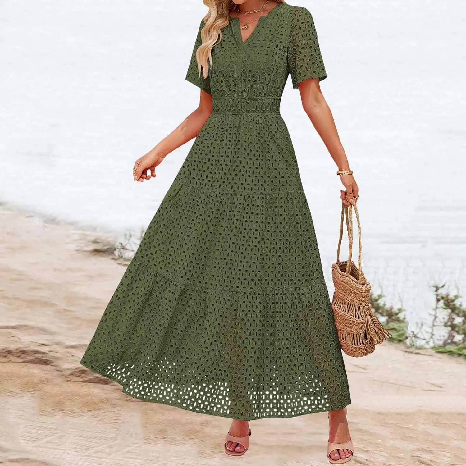 Women's 2025 Summer Short Sleeve Maxi Dress Casual V Neck A Line Hollow Out Eyelet Ruffle Swing Flowy Long Dresses