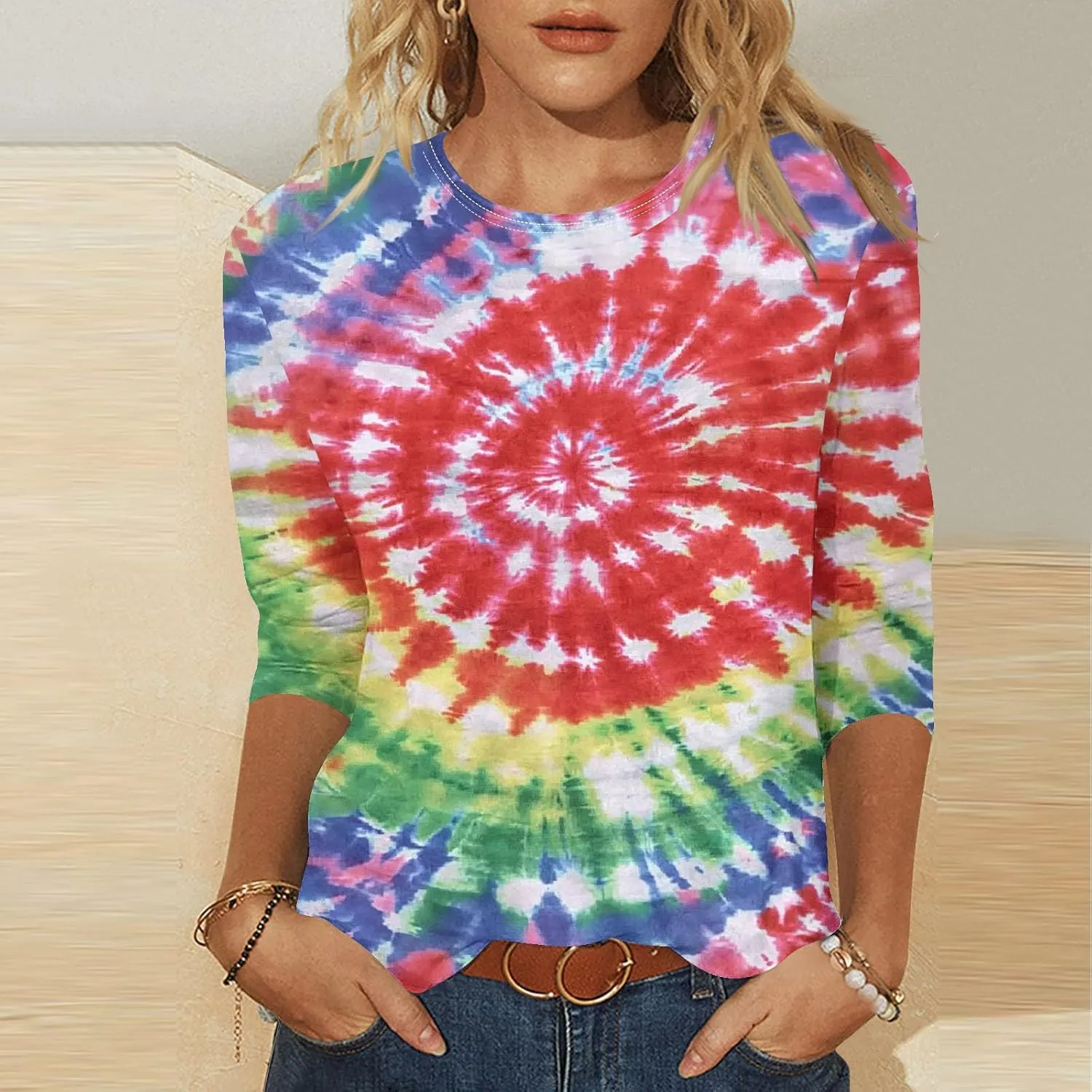 Womens 3/4 Sleeve Flower Floral T Shirts Crew Neck Fashion Casual Loose Fit Tops Ladies Work Blouse Tunic Tees Clothes