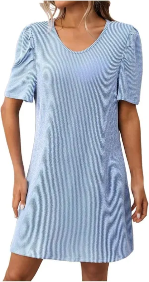 Women's A Line Dress Formal Maxi Dresses Spring V Neck Casual Flowy Dresses Stripe Bubble Short Sleeve Sundress