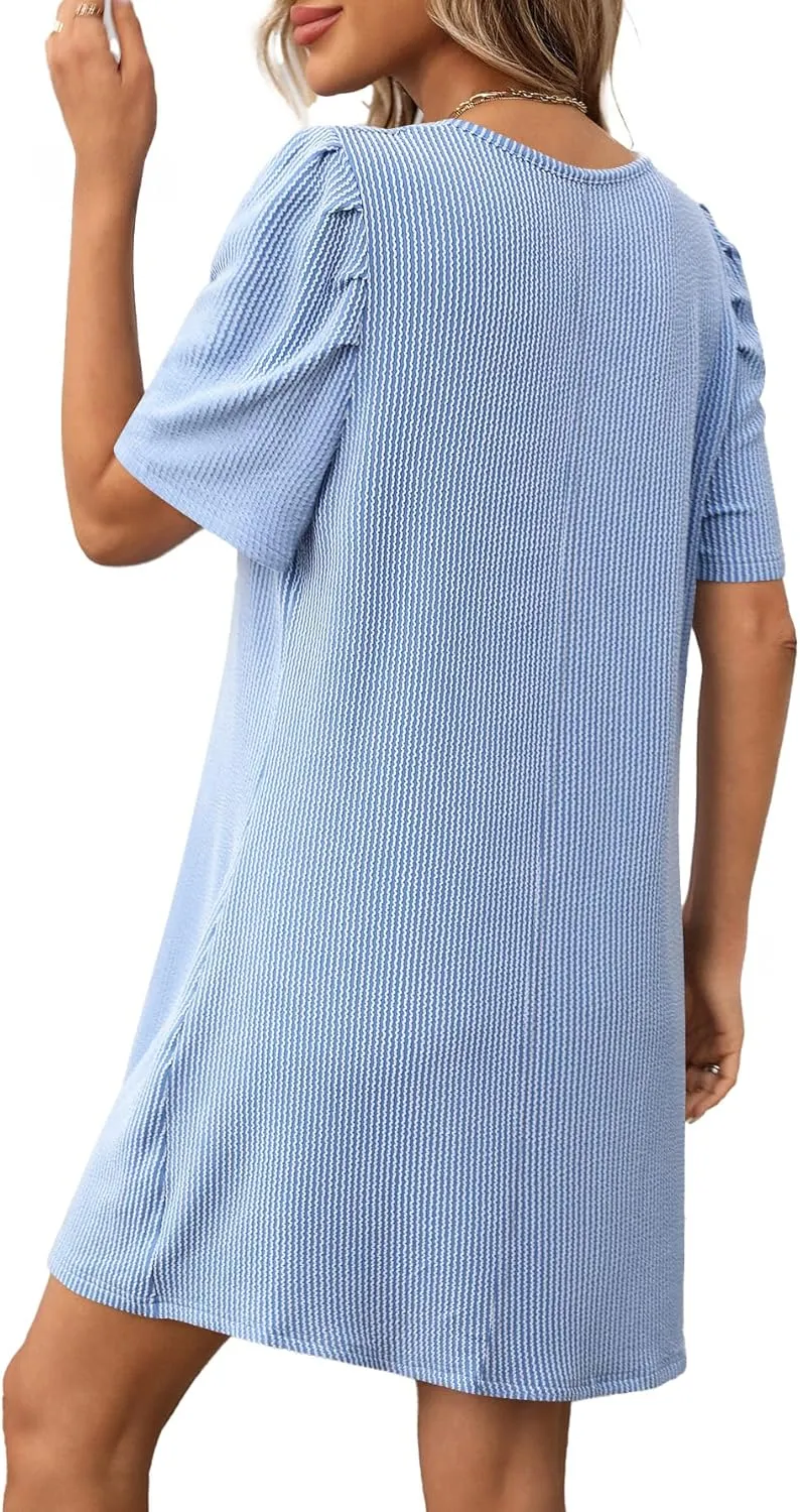 Women's A Line Dress Formal Maxi Dresses Spring V Neck Casual Flowy Dresses Stripe Bubble Short Sleeve Sundress