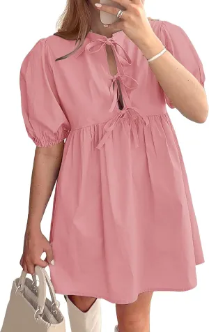 Women's Babydoll Mini Dress with Bow Tie Summer Ruffle Pleated A Line Dress Y2K Puff Sleeve Cute Mini Dresses