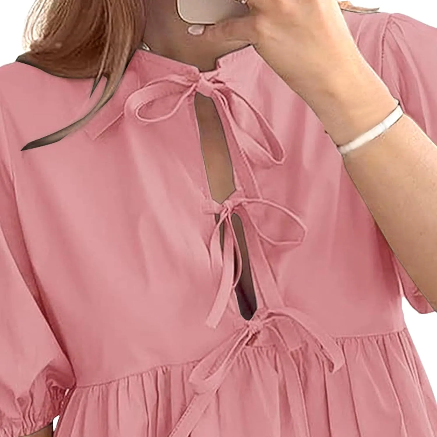 Women's Babydoll Mini Dress with Bow Tie Summer Ruffle Pleated A Line Dress Y2K Puff Sleeve Cute Mini Dresses