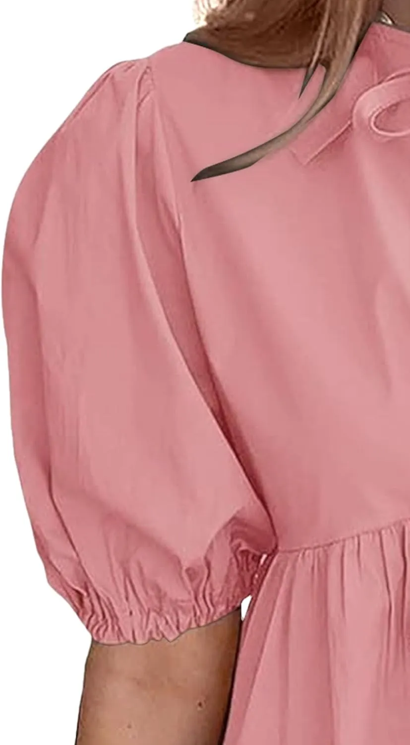 Women's Babydoll Mini Dress with Bow Tie Summer Ruffle Pleated A Line Dress Y2K Puff Sleeve Cute Mini Dresses