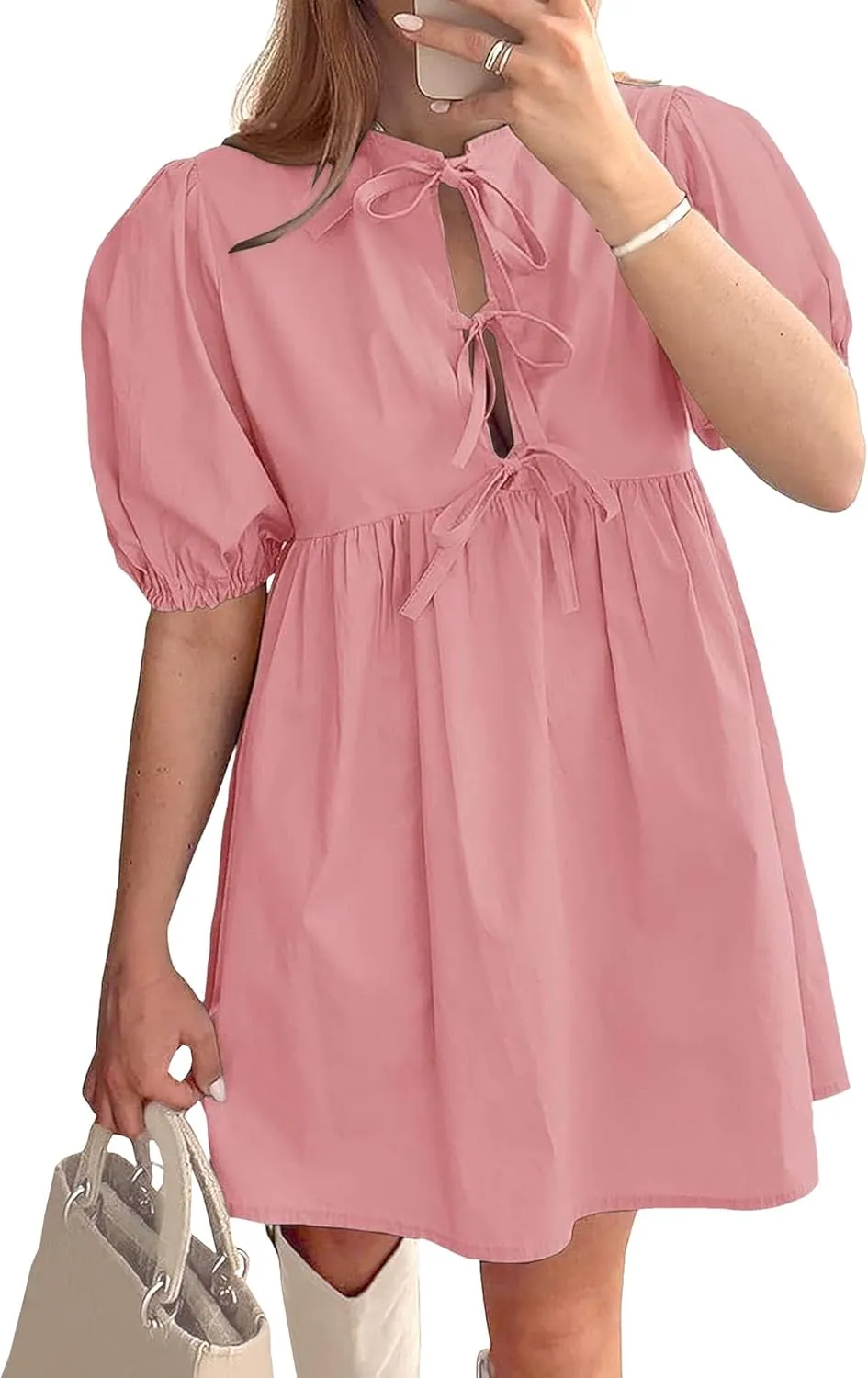 Women's Babydoll Mini Dress with Bow Tie Summer Ruffle Pleated A Line Dress Y2K Puff Sleeve Cute Mini Dresses