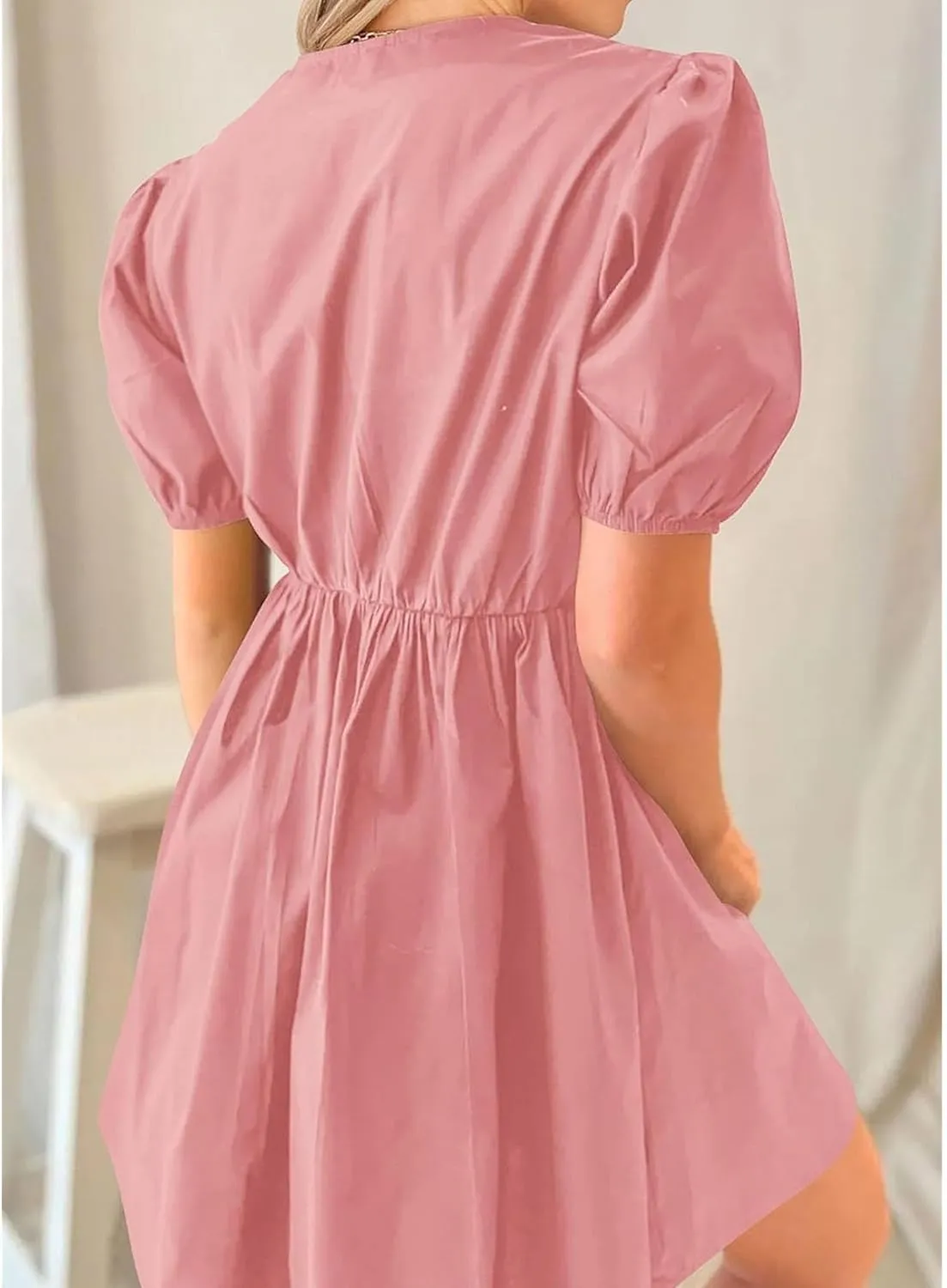 Women's Babydoll Mini Dress with Bow Tie Summer Ruffle Pleated A Line Dress Y2K Puff Sleeve Cute Mini Dresses